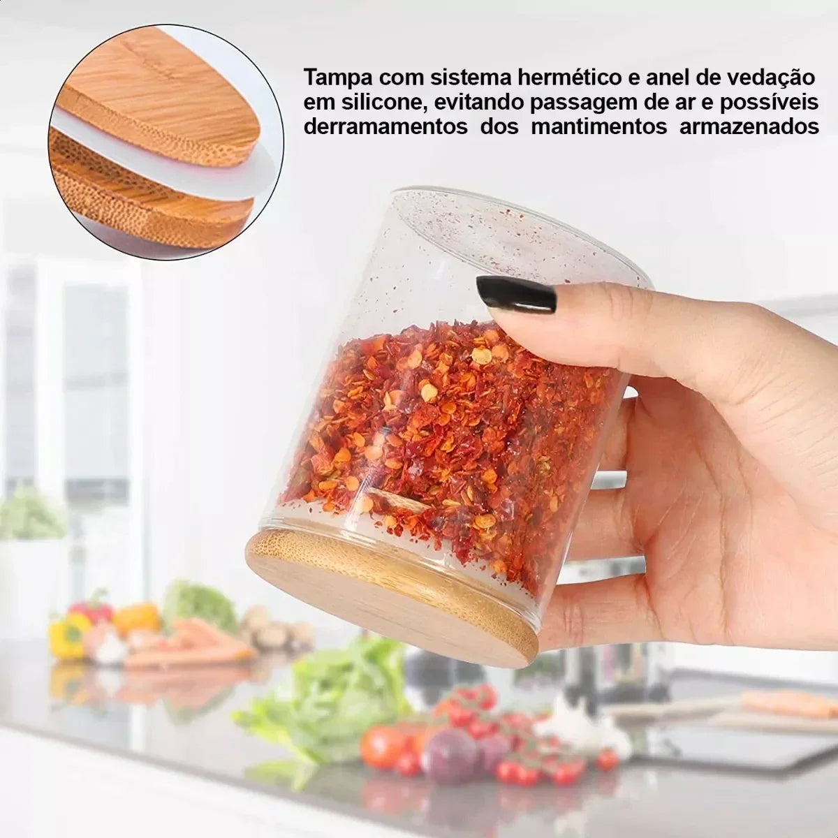 Kit De 12 Potes Herméticos Vidro Tampa Bambu 110ml