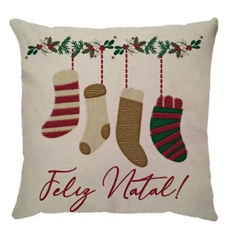 Capa de Almofada Natalina Decoração de Natal Festa Enfeite Papai Noel Renas Boneco de Neve Linho Estampado 43x43cm