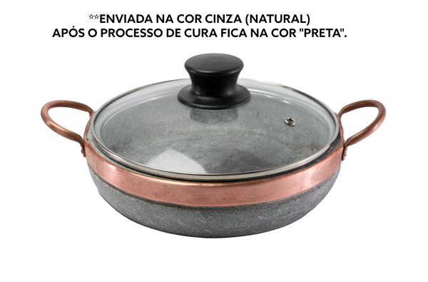Frigideira De Pedra Sabão 24 Cm Com Tampa De Vidro